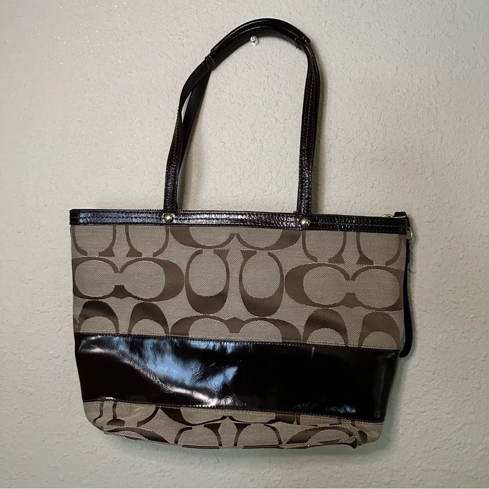 Coach Signature Canvas & Leather Brown Tote Handbag - Picture 3 of 13